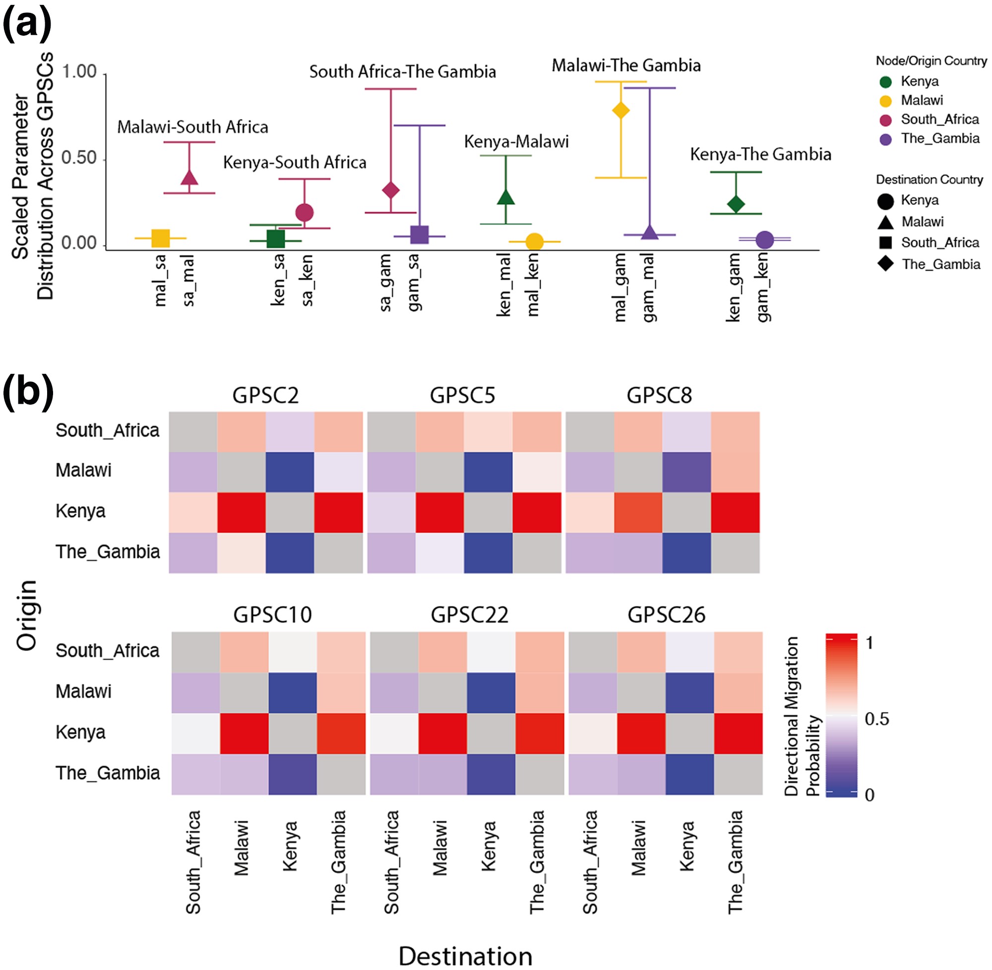 Migration between Kenya, Malawi, South Africa and The Gambia: scaled parameter distributions across lineages for each pair of countries (a), and heatmaps of directional migration probability from each origin to each destination for six lineages, GPSC2, 5, 8, 10, 22 and 26 (b).